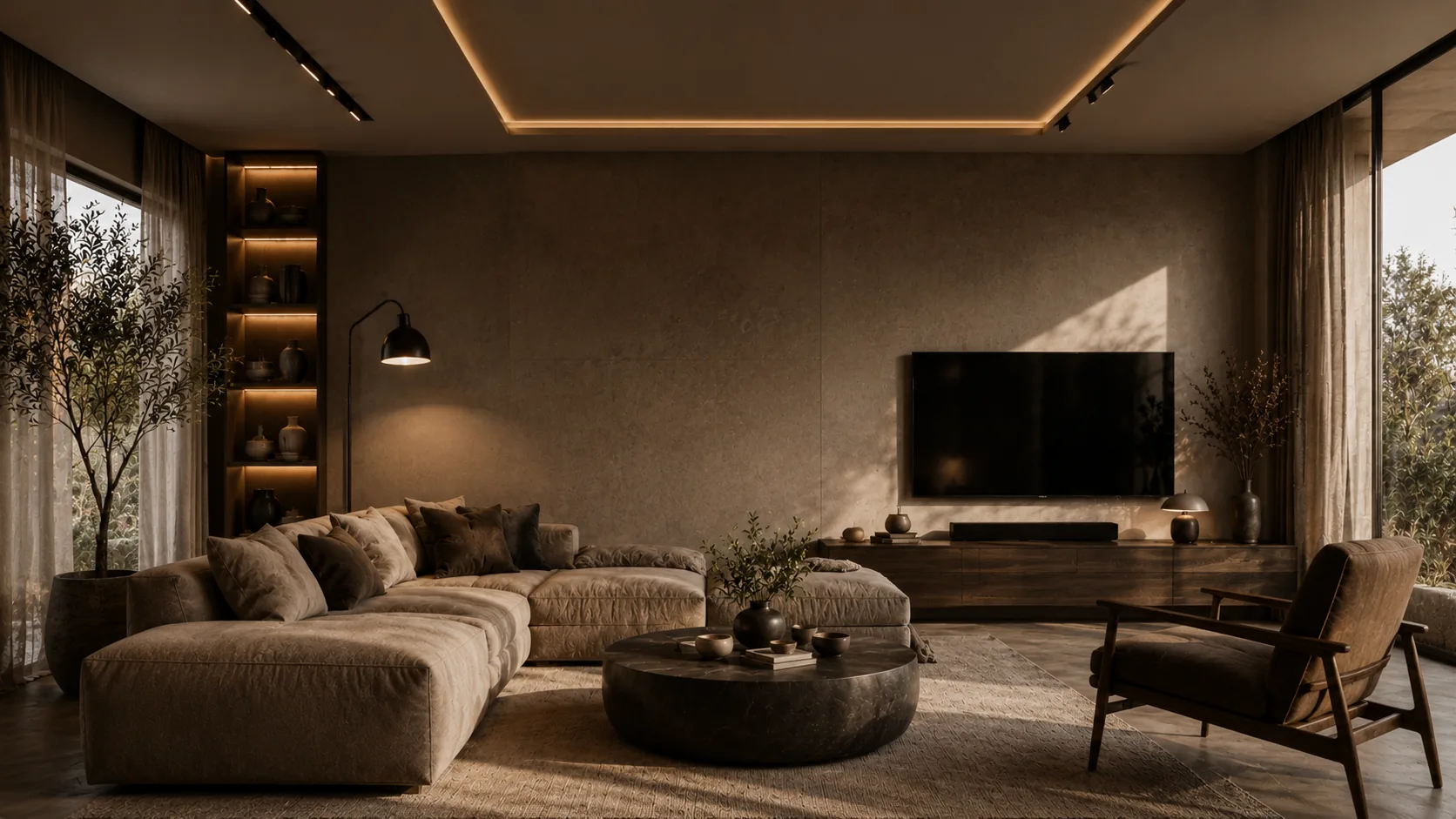 Sunlit warm minimalist living room with walnut furniture