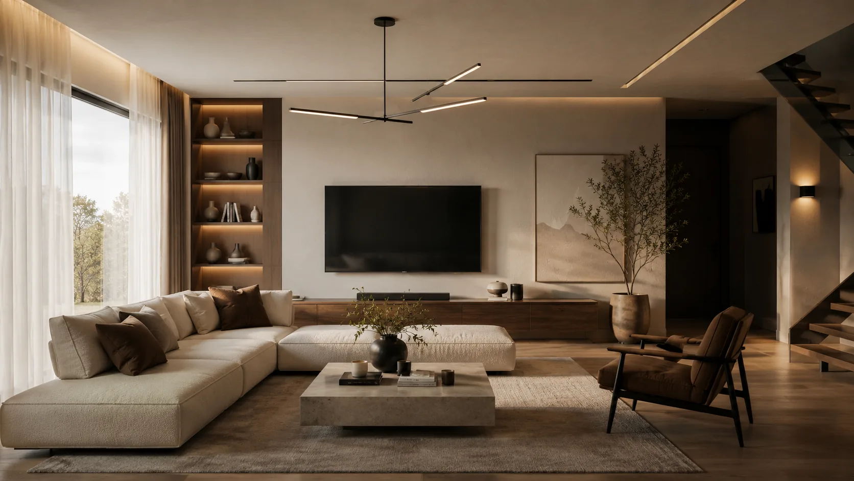 AI-staged living room with warm furniture