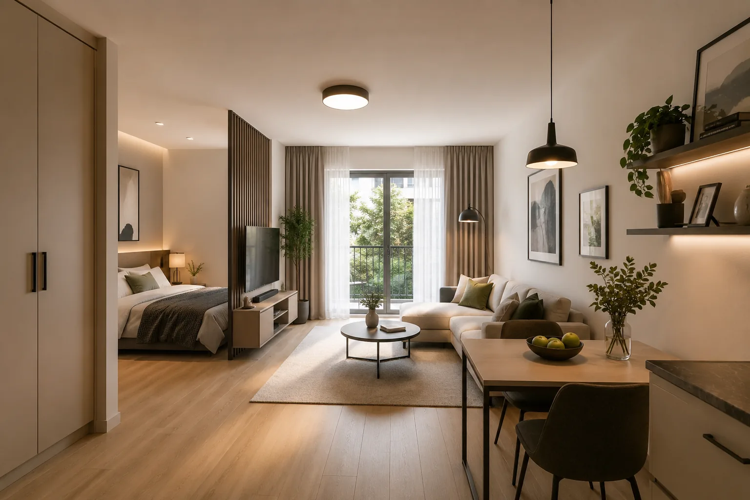 AI-staged studio apartment placeholder